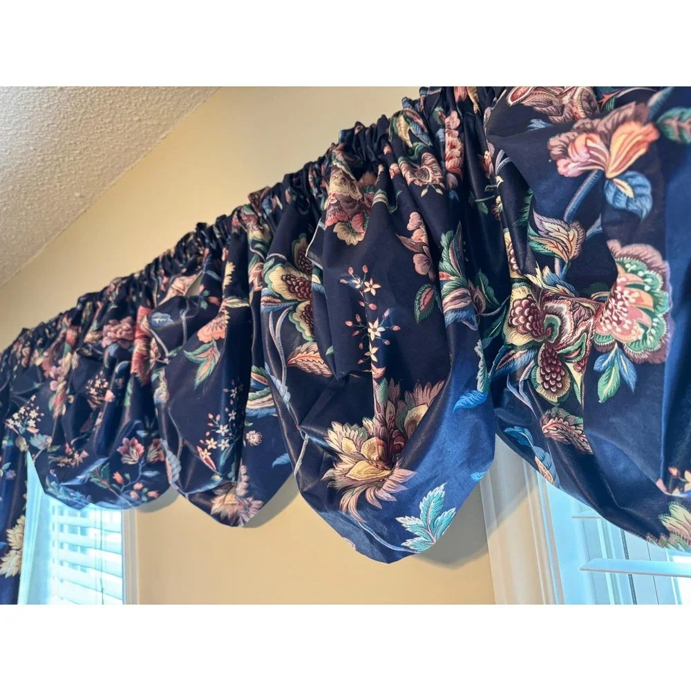Vintage Navy Blue Floral Chintz‎ 9 Piece Curtain & Balloon Valance Set Lined 80s